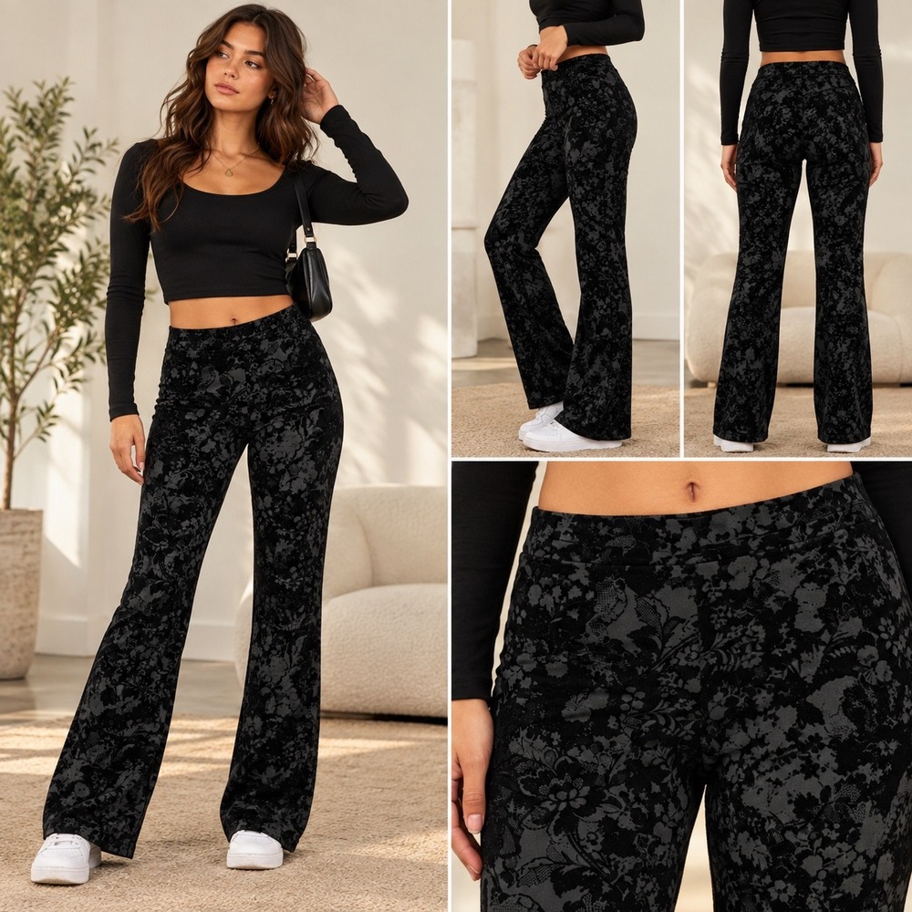 Etcetera Black Floral Velvet Flare Pants Mid Rise Flocked Trousers Sz 12
